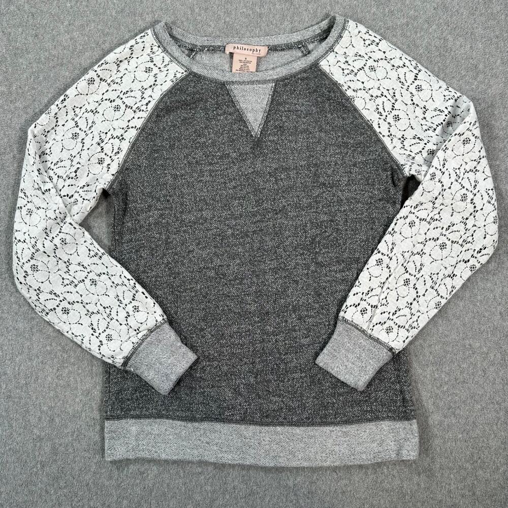 Philosophy Lace Raglan Sleeves Pullover Shirt Women's Small Heathered Gray Terry